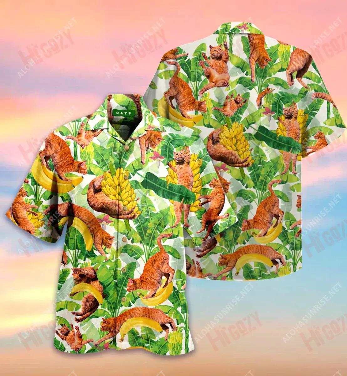 Funny Cats And Jumping Bananas Short Hawaiian Shirt Vacation Tropical Shirts Tactical Hawaiian Shirt Hawaiian Shirt Pattern, Hawaiian Shirt Gift, Christmas Gift