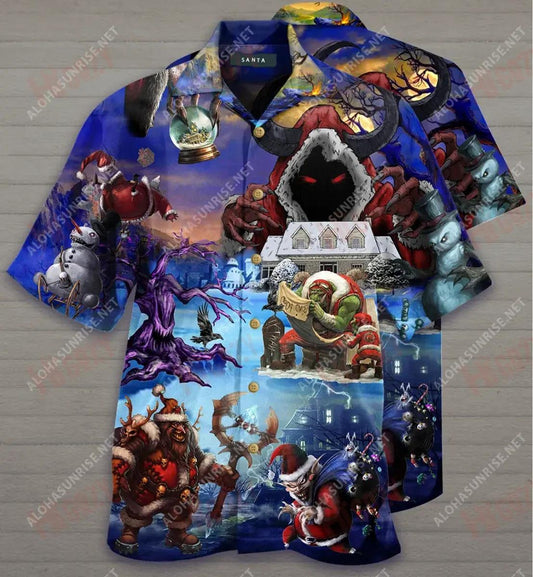 Scary Santa Christmas Short Hawaiian Shirt Vacation Short Sleeve Vintage Hawaiian Shirts Hawaiian Shirts For Men, Hawaiian Shirt Gift, Christmas Gift