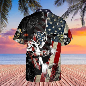 Skull Head Welder With American Flag Hawaiian Shirt,Hawaiian Shirt Gift, Christmas Gift