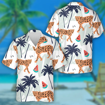 Wild African Leopard With Watermelon And Palm Trees Hawaiian Shirt, Hawaiian Shirt Gift, Christmas Gift
