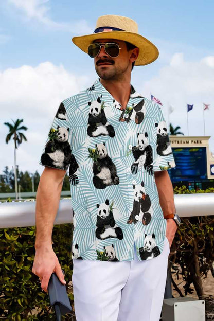 Light Sky Blue Design Hawaiian Shirt Panda On Palm Leaves, Hawaiian Shirt Gift, Christmas Gift