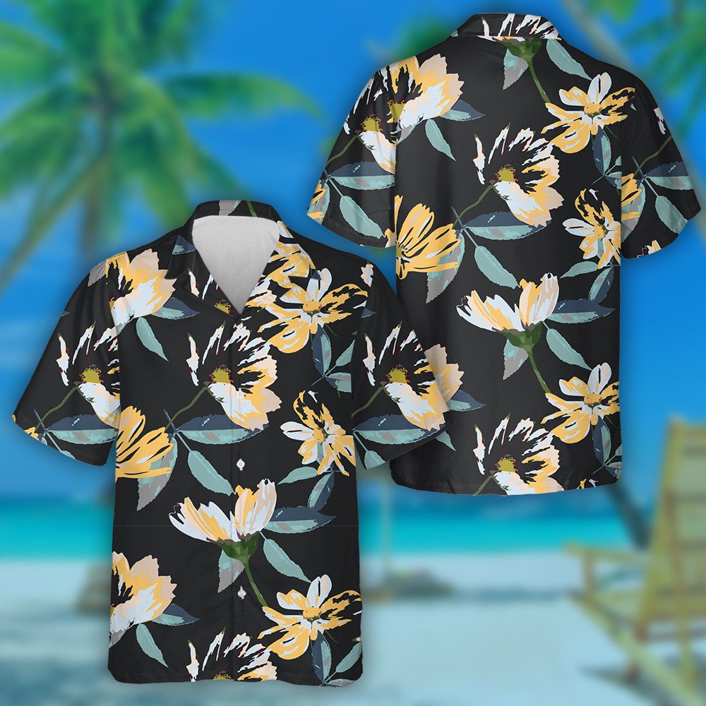 Watercolor Impressive Yellow Flower Branch On Black Design Hawaiian Shirt, Hawaiian Shirt Gift, Christmas Gift
