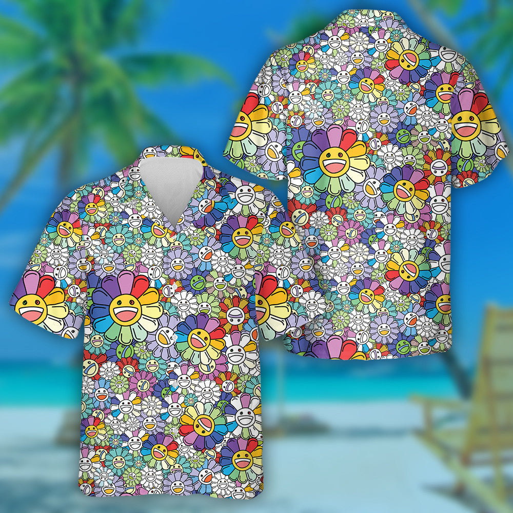 Cute Rainbow Sunflower Smiling Face Cartoon Doodle Style Hawaiian Shirt, Hawaiian Shirt Gift, Christmas Gift