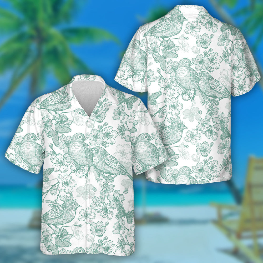 Japanese Cherry Bird And Butterflies Green And White Hawaiian Shirt, Hawaiian Shirt Gift, Christmas Gift
