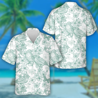 Japanese Cherry Bird And Butterflies Green And White Hawaiian Shirt, Hawaiian Shirt Gift, Christmas Gift