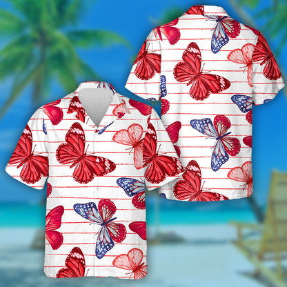 Theme Red And Blue Butterflies On A Red Strip Hawaiian Shirt, Hawaiian Shirt Gift, Christmas Gift