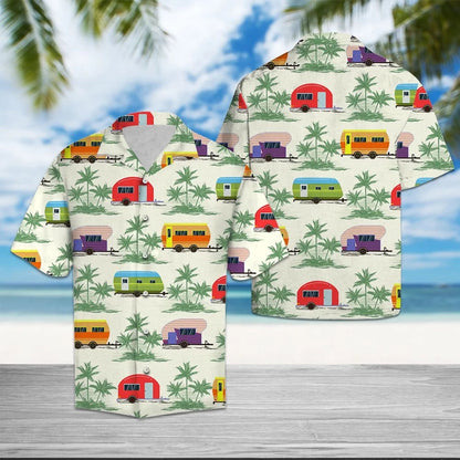 Caravan Green Palm Trees In White Design Hawaiian Shirt, Hawaiian Shirt Gift, Christmas Gift