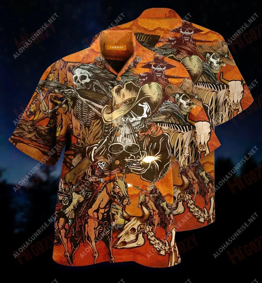 Skull Cowboy Graving Livestock Short Hawaiian Shirt Summer Hawaiian T Shirts Custom Hawaiian Shirts Hawaiian Shirt Pattern, Hawaiian Shirt Gift, Christmas Gift