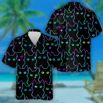 Cartoon Cute Cat Silhouettes Neon Style Hawaiian Shirt, Hawaiian Shirt Gift, Christmas Gift