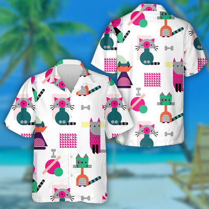Cartoon Style Abstract Cat Geometric Animal Shape Hawaiian Shirt, Hawaiian Shirt Gift, Christmas Gift