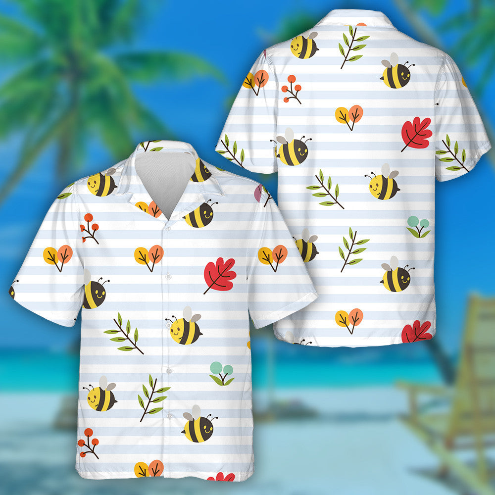 Leaves And Cute Bee On The Blue Line Hawaiian Shirt, Hawaiian Shirt Gift, Christmas Gift
