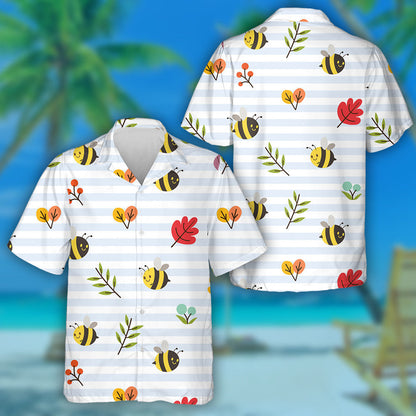 Leaves And Cute Bee On The Blue Line Hawaiian Shirt, Hawaiian Shirt Gift, Christmas Gift