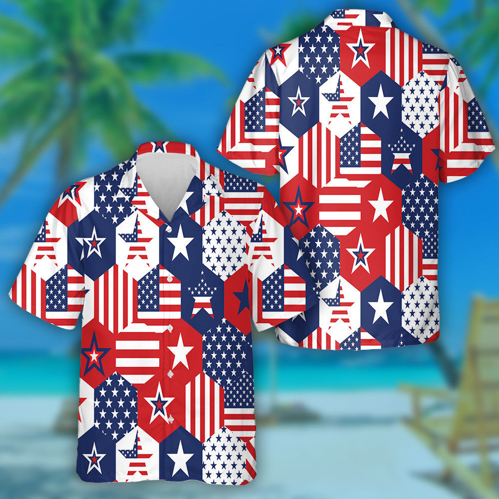 Hexagon Shaped With Patriotic Stars Pattern Hawaiian Shirt, Hawaiian For Gift