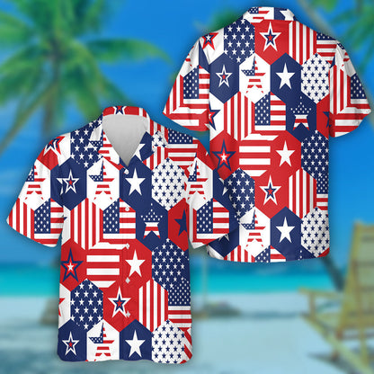 Hexagon Shaped With Patriotic Stars Pattern Hawaiian Shirt, Hawaiian For Gift