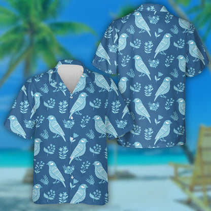 Retro Birsds And Floral On Blue Background Hawaiian Shirt, Hawaiian Shirt Gift, Christmas Gift