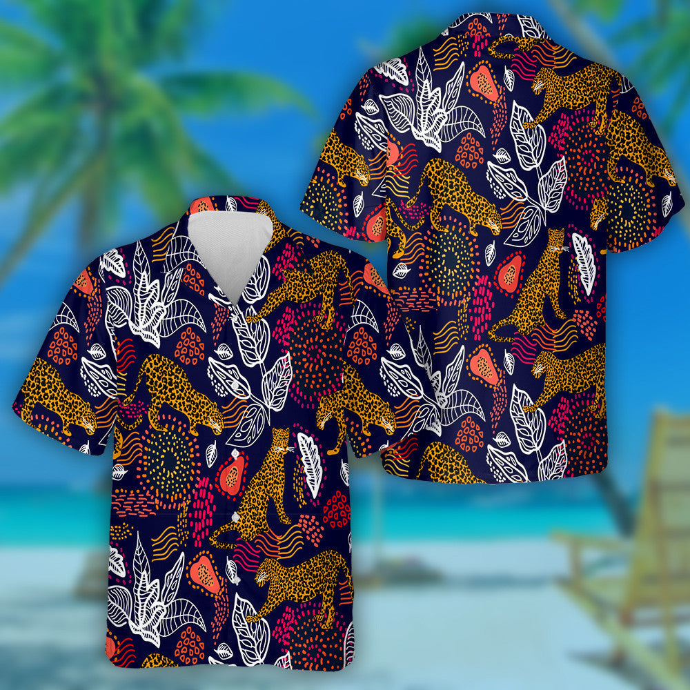 Leopards And Abstract Tropical Plants On Black Background Hawaiian Shirt, Hawaiian Shirt Gift, Christmas Gift