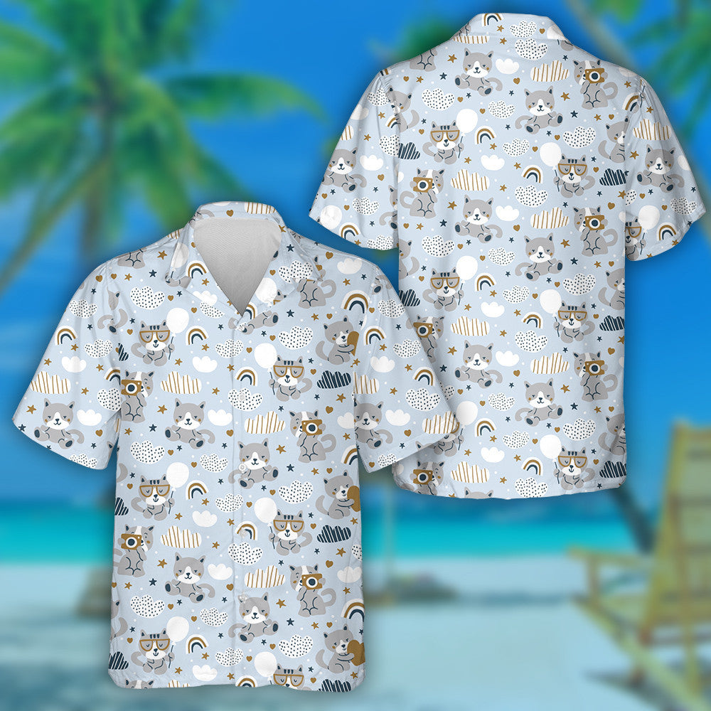 Cute Cats Clouds And Rainbows On Blue Background Hawaiian Shirt, Hawaiian Shirt Gift, Christmas Gift