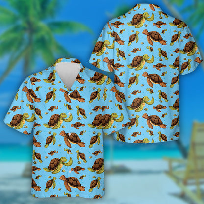 Sketch Line Art Sea Shells Corals And Turtles Hawaiian Shirt, Hawaiian Shirt Gift, Christmas Gift