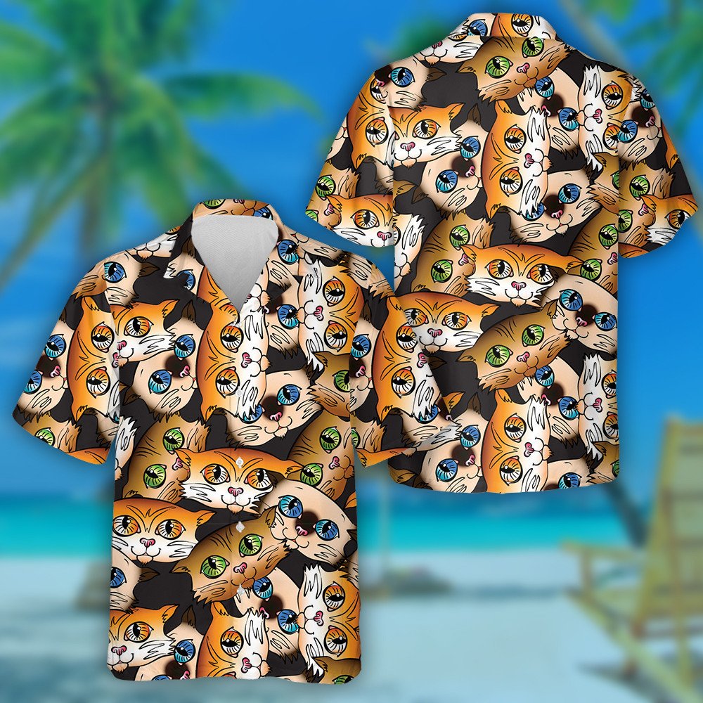 Cats With Green And Yellow Eyes On A Brown Background Hawaiian Shirt, Hawaiian Shirt Gift, Christmas Gift