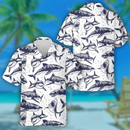 Hand Drawn Underwater Sea Fish Nautical White Background Hawaiian Shirt, Hawaiian Shirt Gift, Christmas Gift
