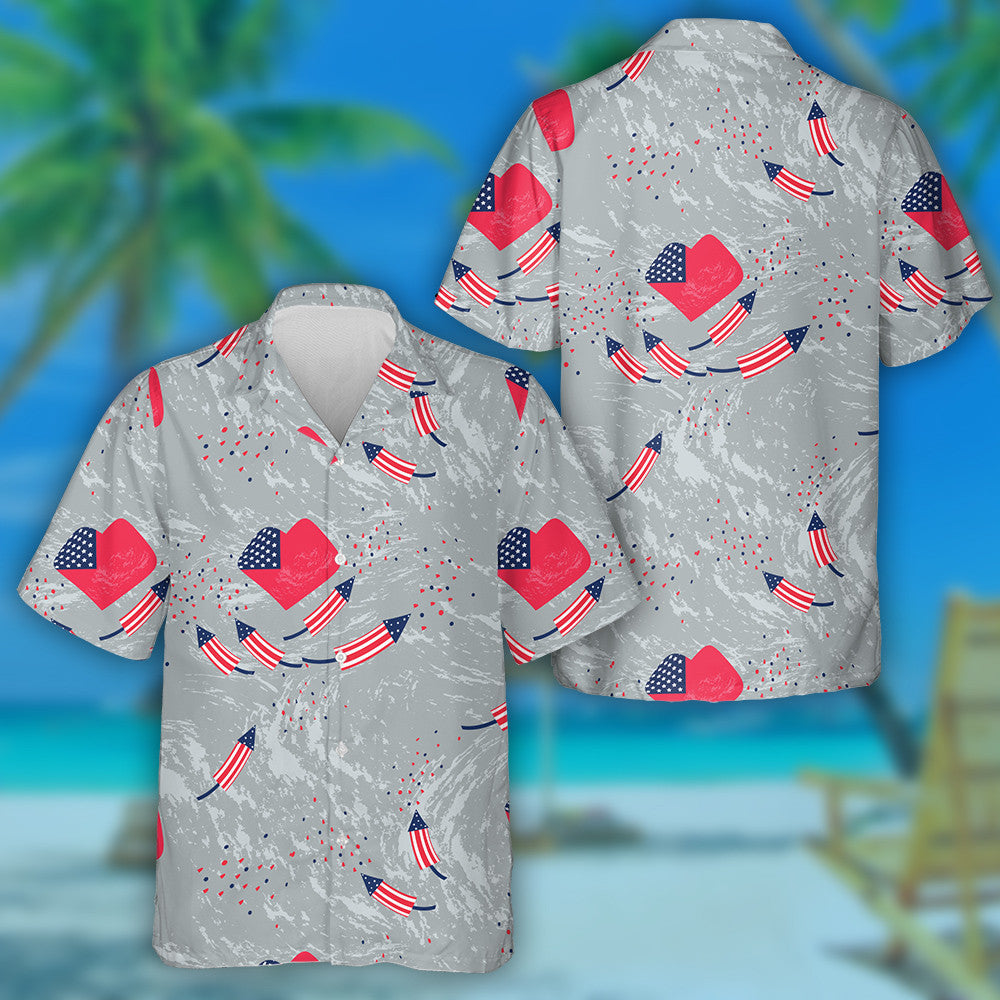 American Flag In The Shape Of A Heart And Firecrackers Hawaiian Shirt, Hawaiian Shirt Gift, Christmas Gift