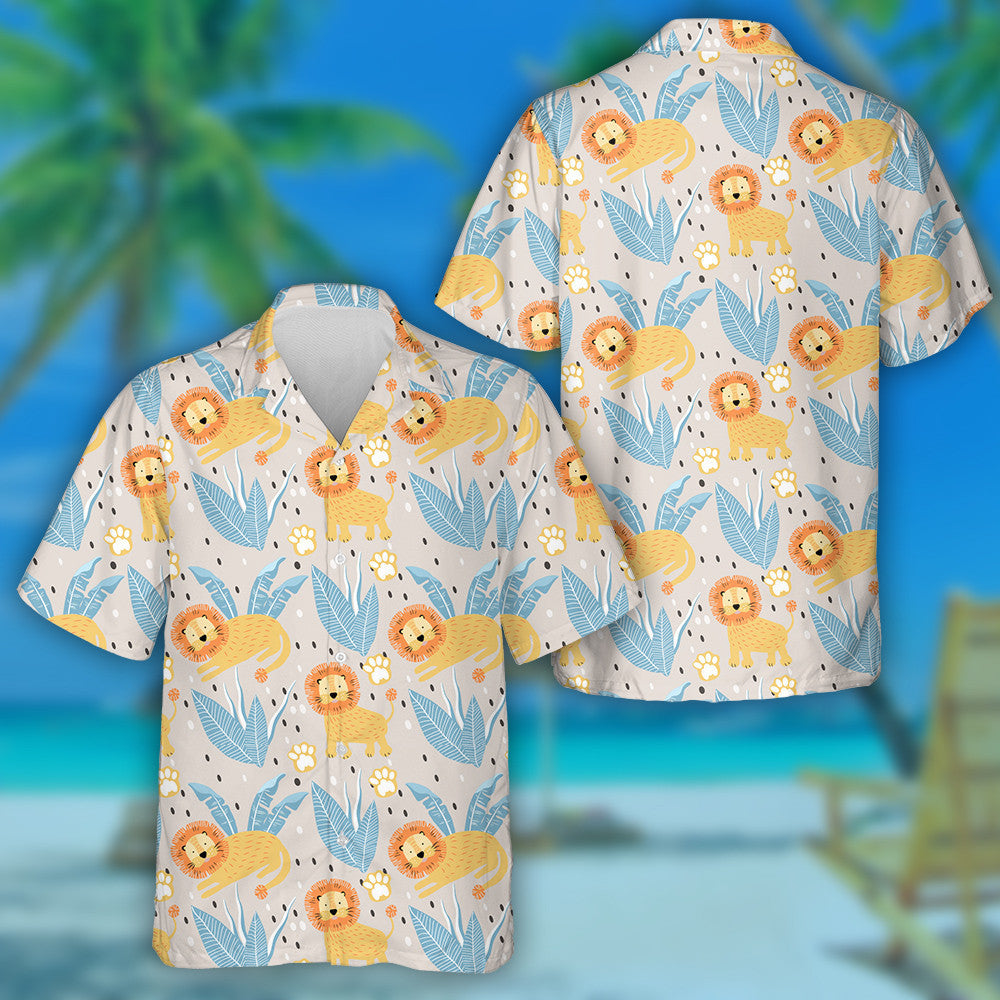 Funny Lion Footprint And Palm Leaves Hawaiian Shirt,Hawaiian Shirt Gift, Christmas Gift