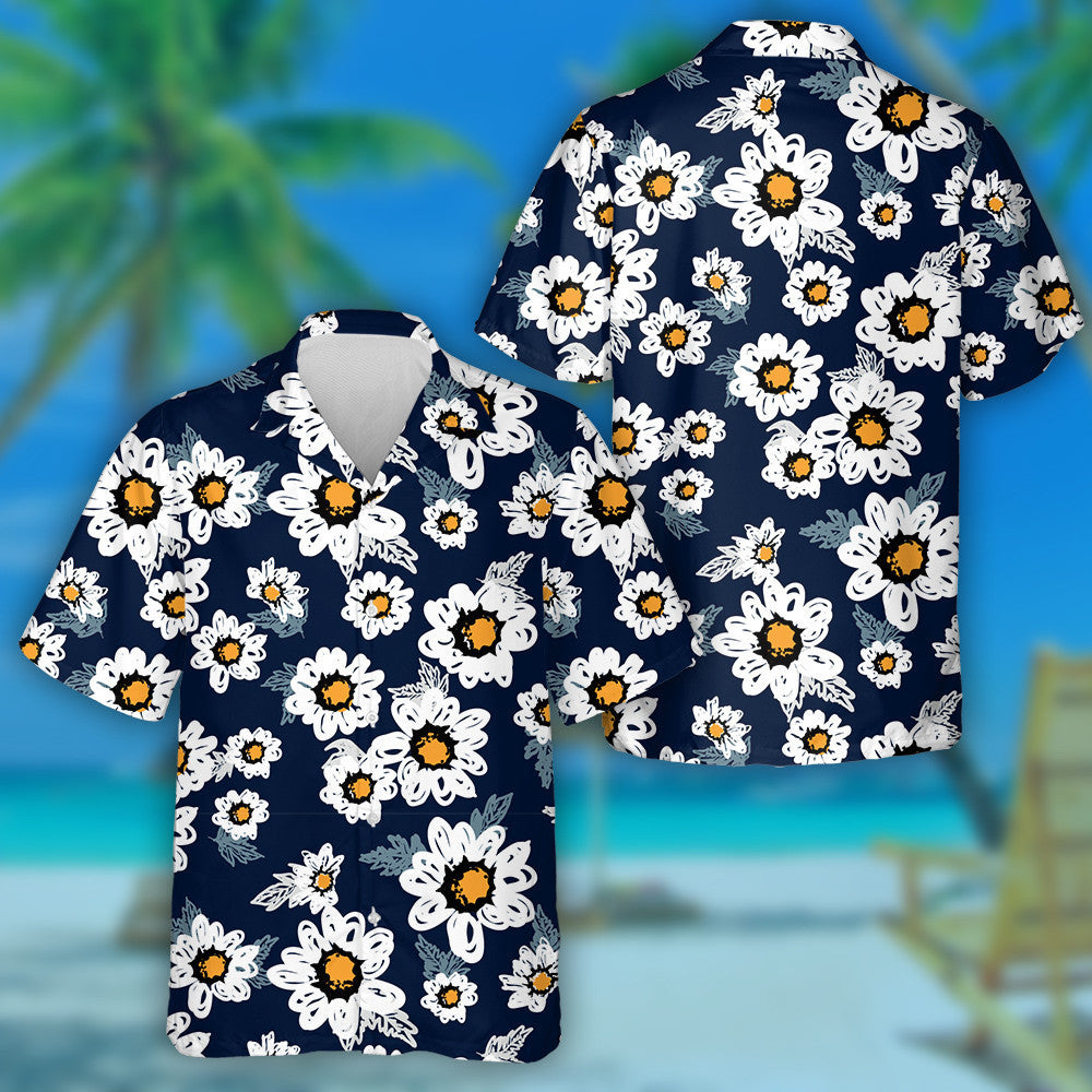 White Sunflowers Drawing By Hand On Dark Blue Background Hawaiian Shirt, Hawaiian Shirt Gift, Christmas Gift
