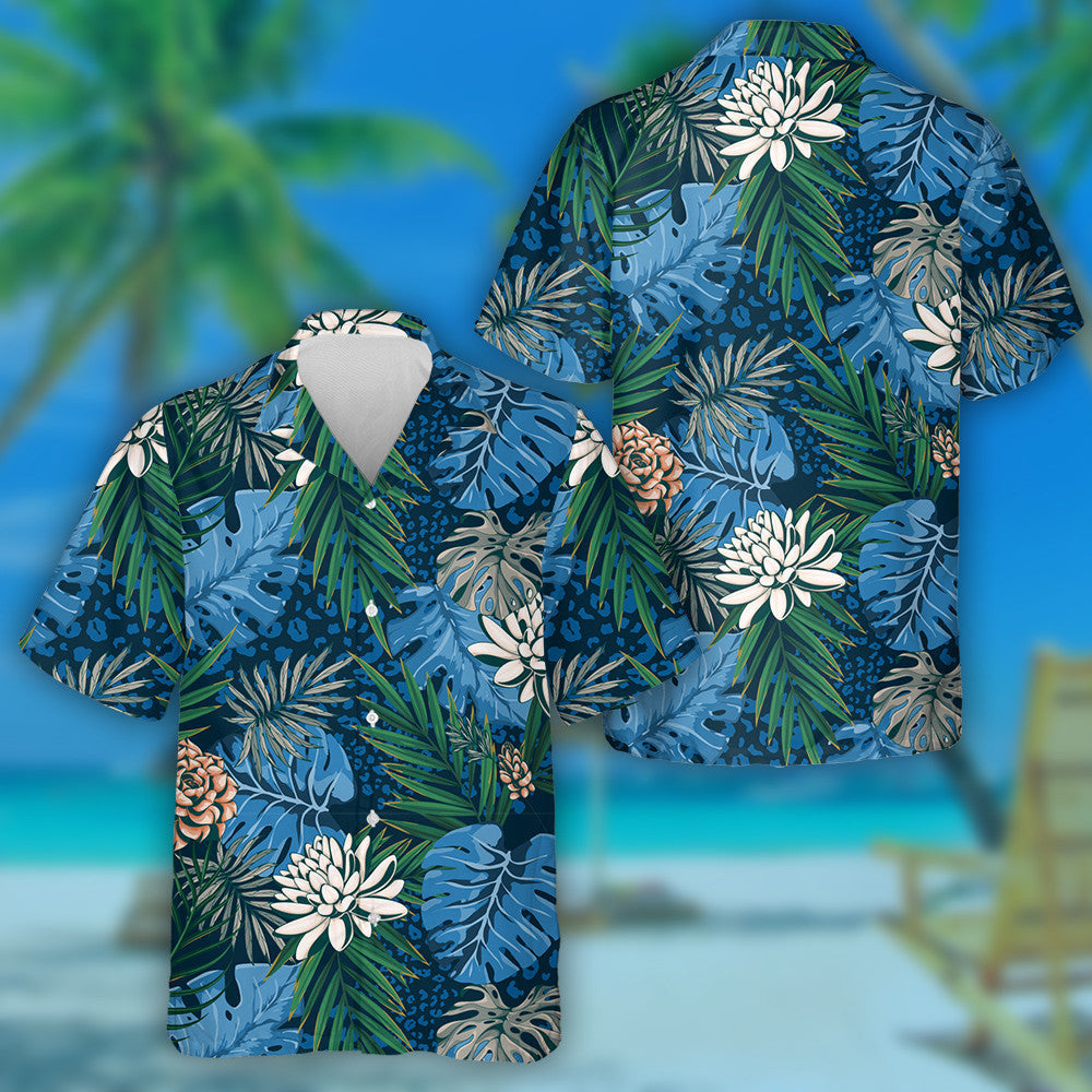 Tropical Leaf With Leopard Jungle Background Hawaiian Shirt,Hawaiian Shirt Gift, Christmas Gift