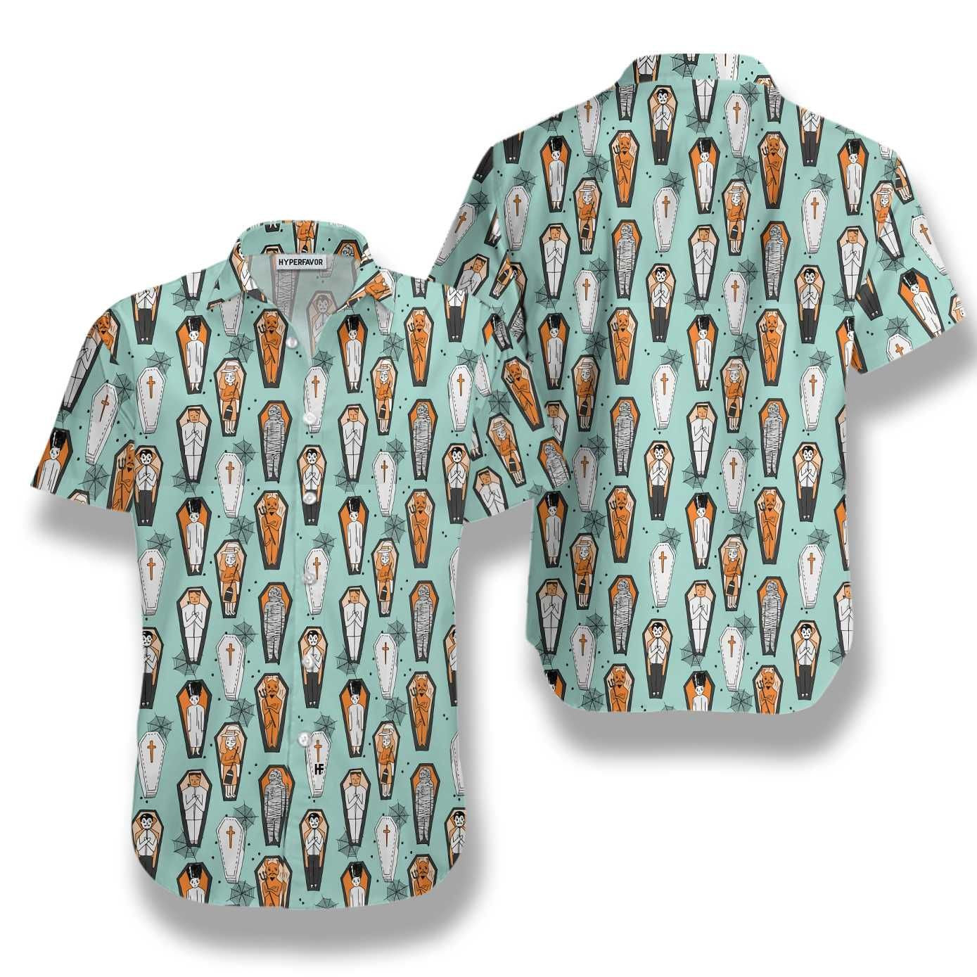 Vampire Coffins Halloween Pattern Dramatic Hawaiian Shirt, Hwaiian For Gift