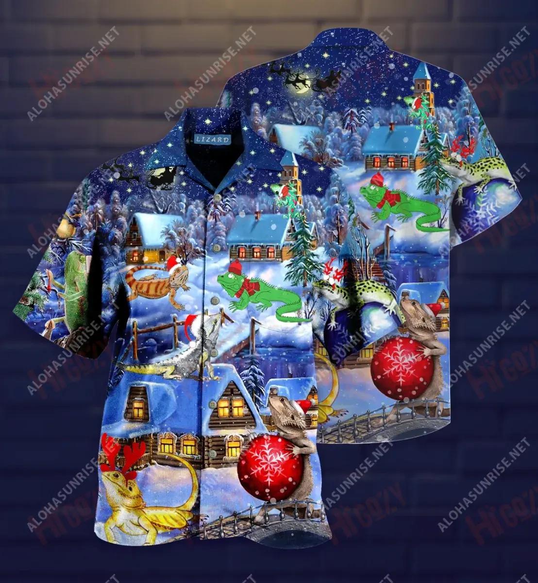 Christmas Lizard Short Short Sleeve Shirt Ocean Aloha Shirt Custom Hawaiian Shirts Hawaiian Shirt Pattern__Hawaiian Shirt Gift, Christmas Gift