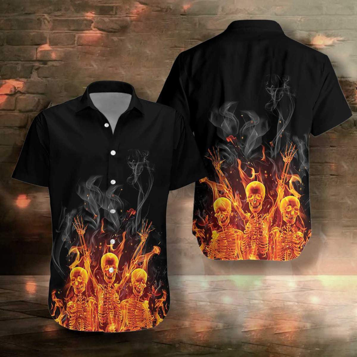 Fire Skeletons Night Party Pattern Hawaiian Shirt,Hawaiian Shirt Gift, Christmas Gift