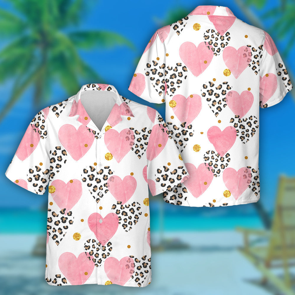 Abstract Pink Watercolor Hearts With Leopard Hawaiian Shirt, Hawaiian Shirt Gift, Christmas Gift