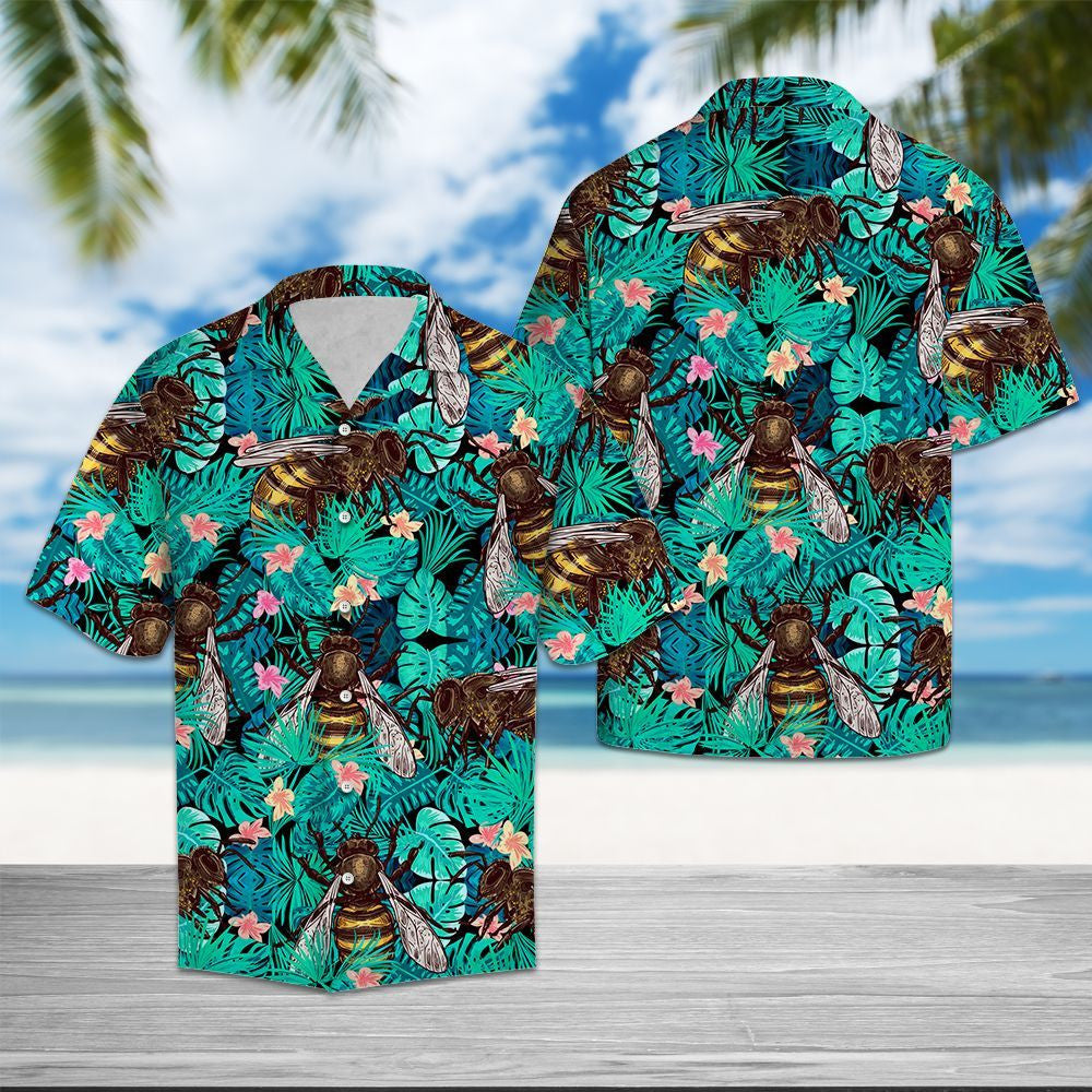 Large Sized Bee And Tropical Leaves Pattern Hawaiian Shirt, Hawaiian Shirt Gift, Christmas Gift