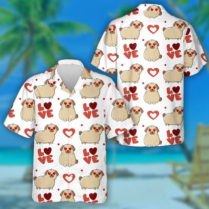 Cute Dog Breed Pug And Hearts On White Background Hawaiian Shirt, Hawaiian Shirt Gift, Christmas Gift