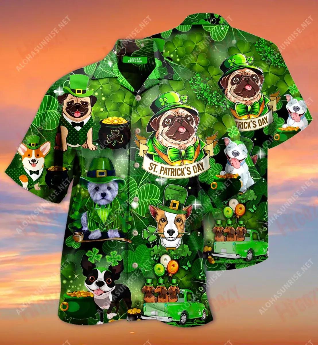 Lucky Puppies Patrick'S Day Unisex Hawaiian Shirt Hobbies Short Sleeve Vintage Hawaiian Shirts Funny Hawaiian Shirts, Hawaiian Shirt Gift, Christmas Gift
