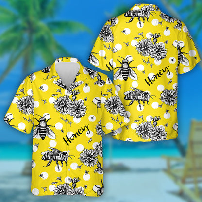 Natural Summer Bees And Flowers Sketch With Animal Hawaiian Shirt, Hawaiian Shirt Gift, Christmas Gift