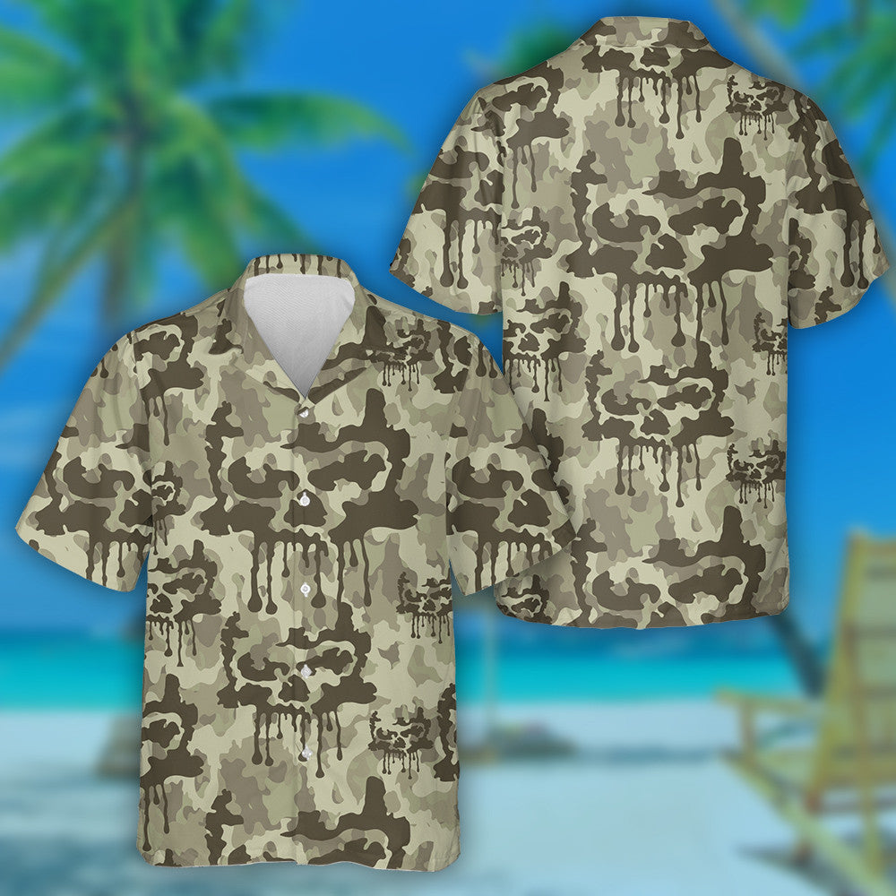 Melting Green Colors Painting Camo With Skulls Pattern Hawaiian Shirt , Hawaiian Shirt Gift, Christmas Gift
