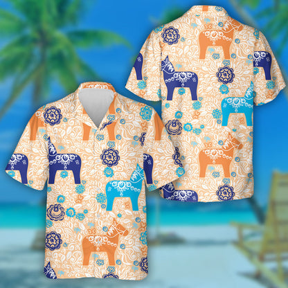 Horse Traditional Blue Green Orange Flowers Leaves Hawaiian Shirt, Hawaiian Shirt Gift, Christmas Gift