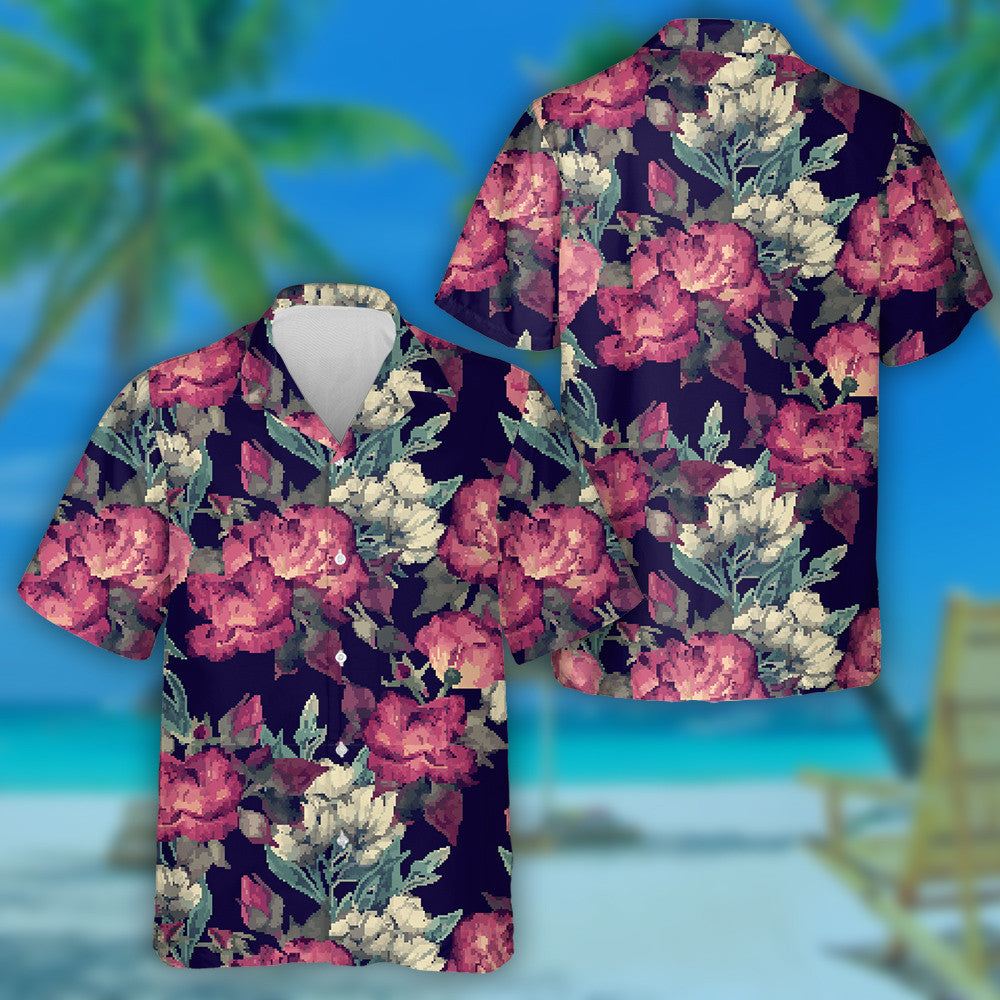 Watercolor Pretty Pink Rose White Floral Art Design Hawaiian Shirt, Hawaiian Shirt Gift, Christmas Gift