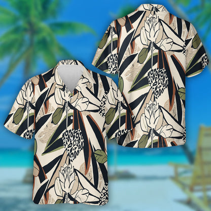 Hand Drawn Abstract Floral With Leopard Hawaiian Shirt, Hawaiian For Gift