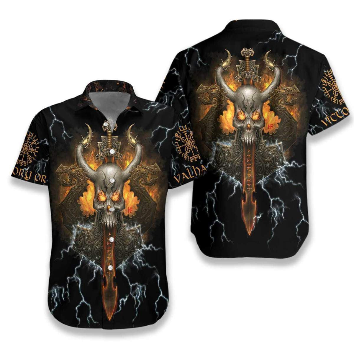 Black Viking Skull Cool Pattern Hawaiian Shirt, Hawaiian For Gift