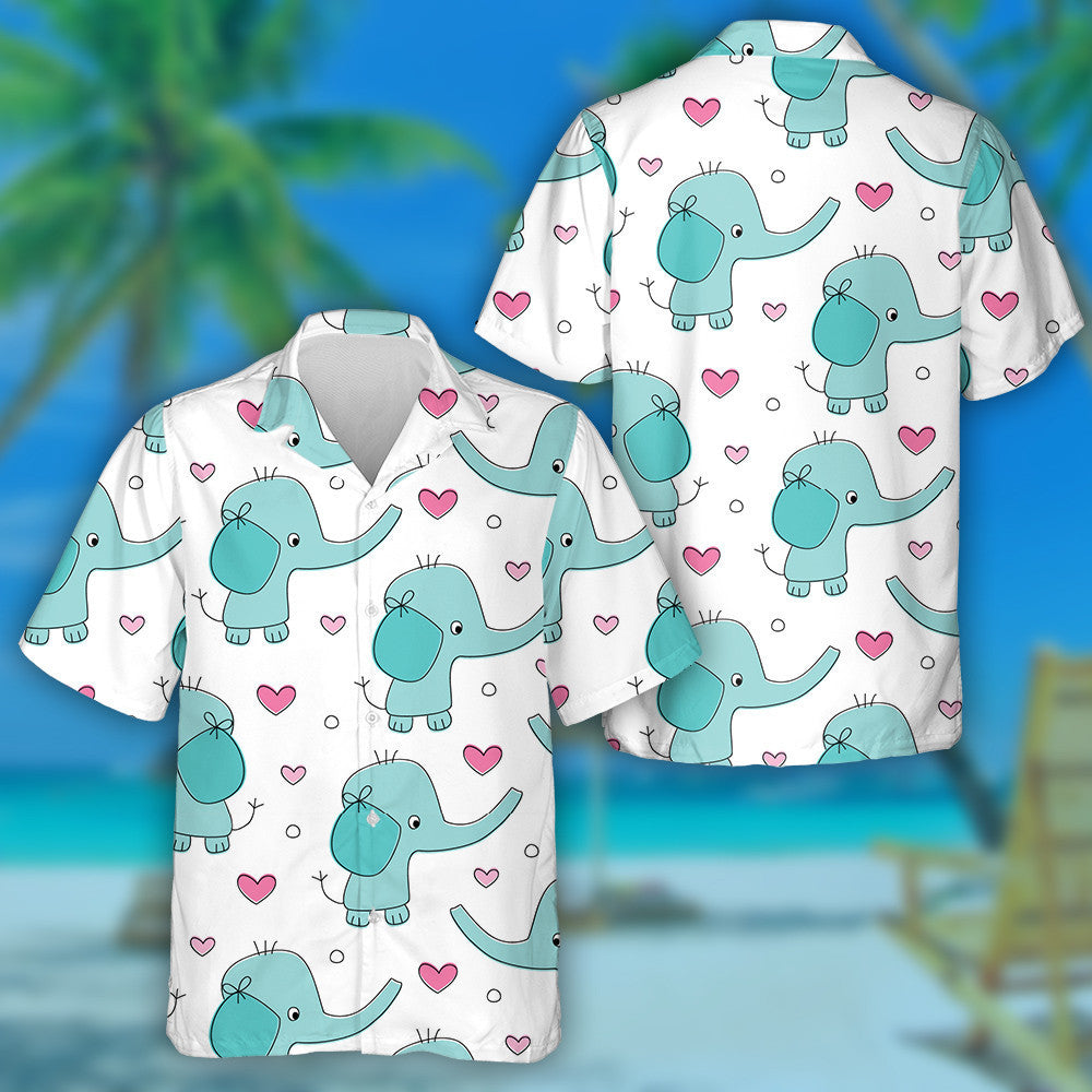 Funny Blue Elephant And Heart On White Background Hawaiian Shirt, Hawaiian Shirt Gift, Christmas Gift