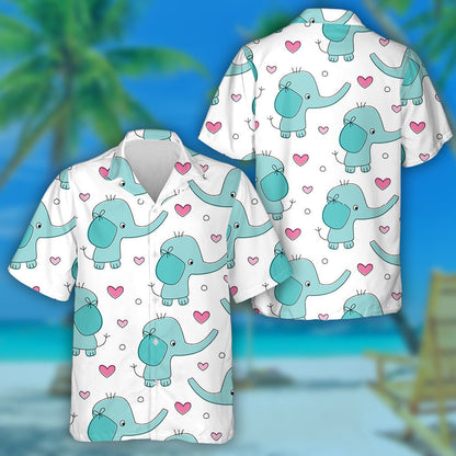 Funny Blue Elephant And Heart On White Background Hawaiian Shirt, Hawaiian Shirt Gift, Christmas Gift