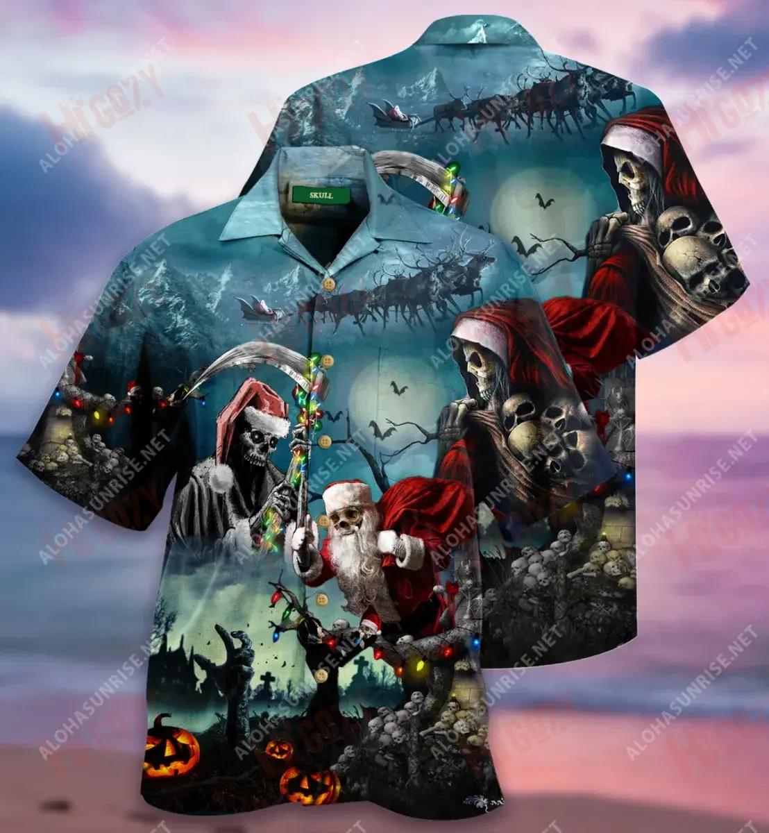Chistmas Santa Claus Skull Short Hawaiian Shirt Ocean Tropical Shirts Tactical Hawaiian Shirt Hawaiian Shirt Pattern, Hawaiian Shirt Gift, Christmas Gift