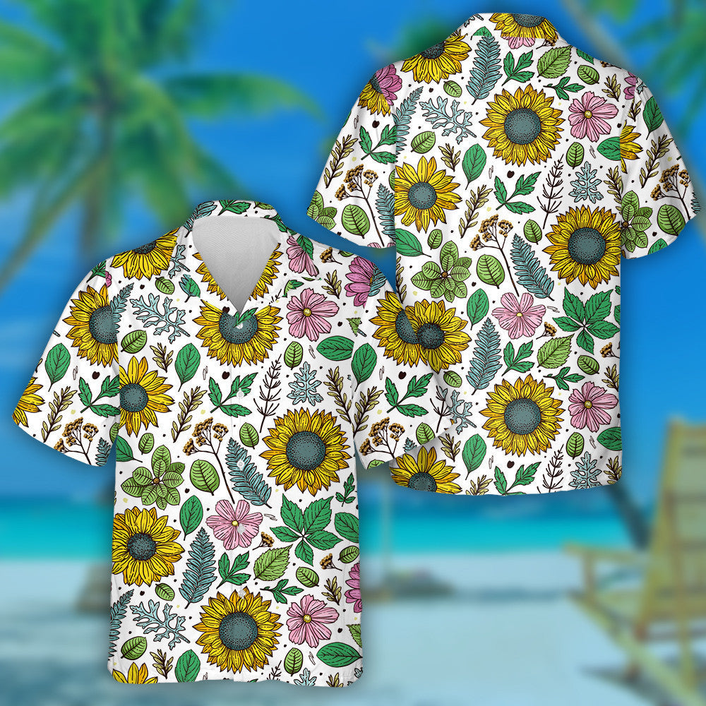 Freehand Sketching Pattern With Flowers Leaves And Grass Hawaiian Shirt, Hawaiian Shirt Gift, Christmas Gift