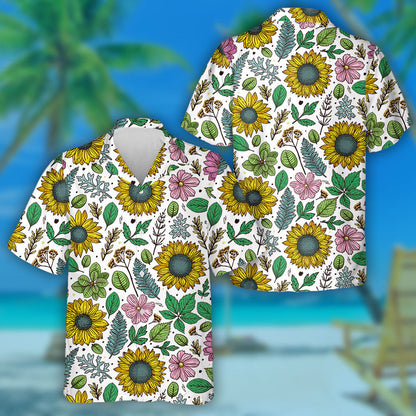 Freehand Sketching Pattern With Flowers Leaves And Grass Hawaiian Shirt, Hawaiian Shirt Gift, Christmas Gift