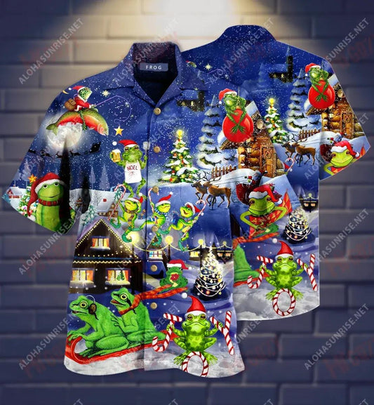 Frogs On Night Christmas Short Hawaiian Shirt Summer Tropical Shirts Tactical Hawaiian Shirt Funny Hawaiian Shirts, Hawaiian Shirt Gift, Christmas Gift