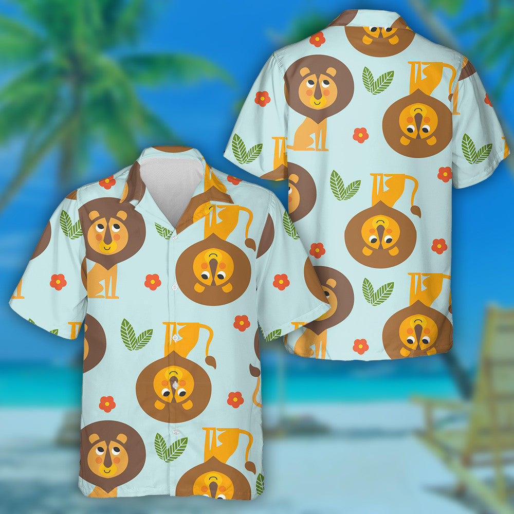 Funny Lions Leaves And Flowers On Blue Background Hawaiian Shirt, Hawaiian Shirt Gift, Christmas Gift