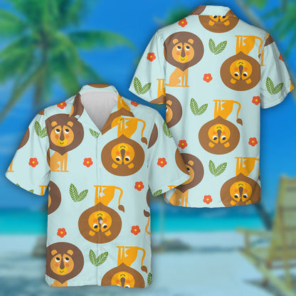 Funny Lions Leaves And Flowers On Blue Background Hawaiian Shirt, Hawaiian Shirt Gift, Christmas Gift