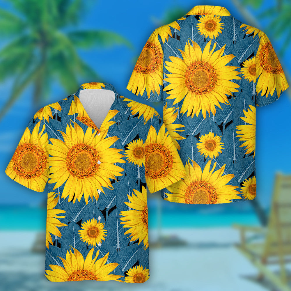 Botanical Sunflower And Green Ornament Leaf On Isolated Background Hawaiian Shirt, Hawaiian Shirt Gift, Christmas Gift